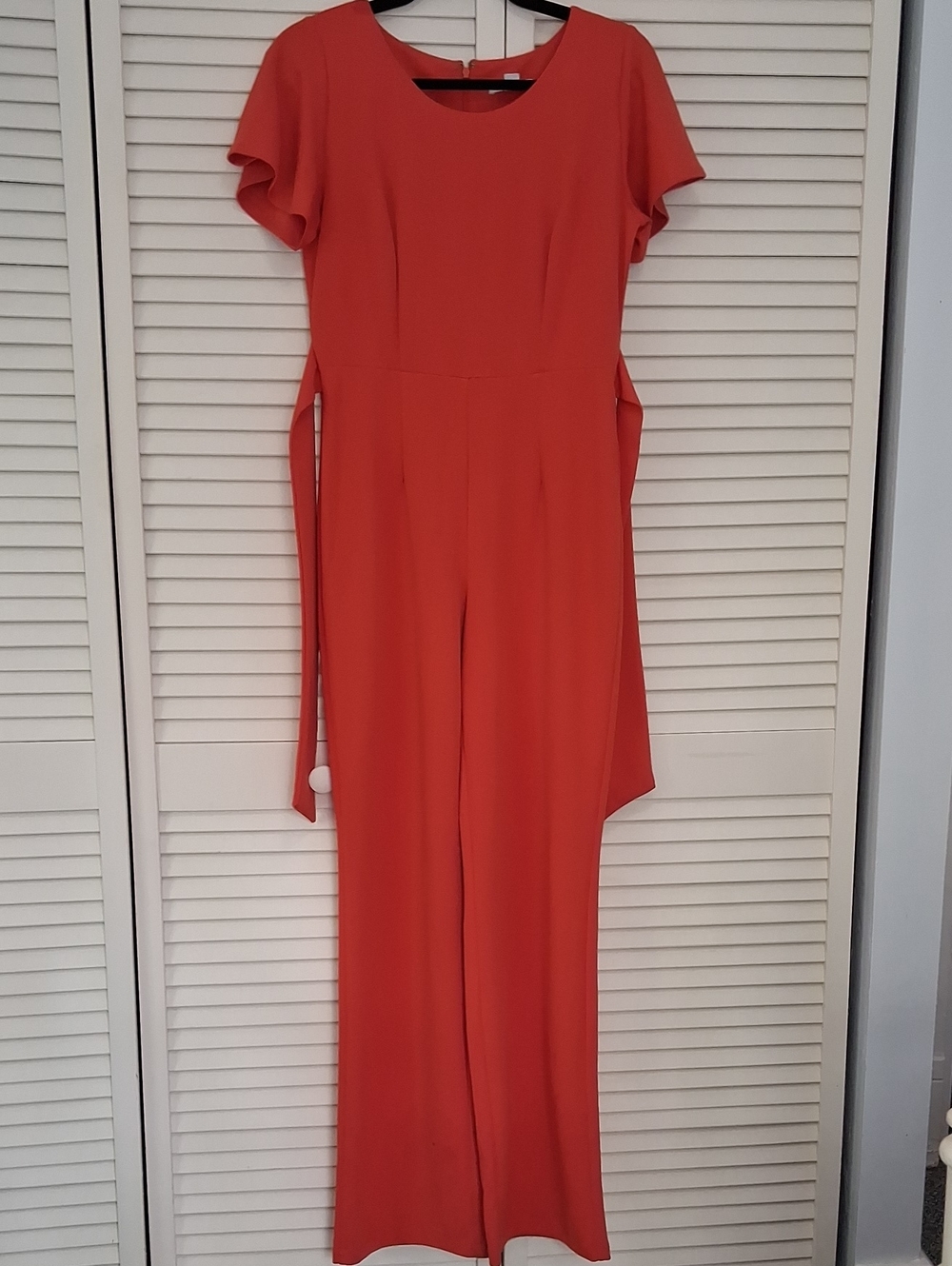 New York & Company Coral-Red Short-Sleeve Jumpsuit with Waist Tie